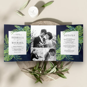 Tropical Monstera Palm Photo Collage Navy Wedding Tri-Fold Invitation