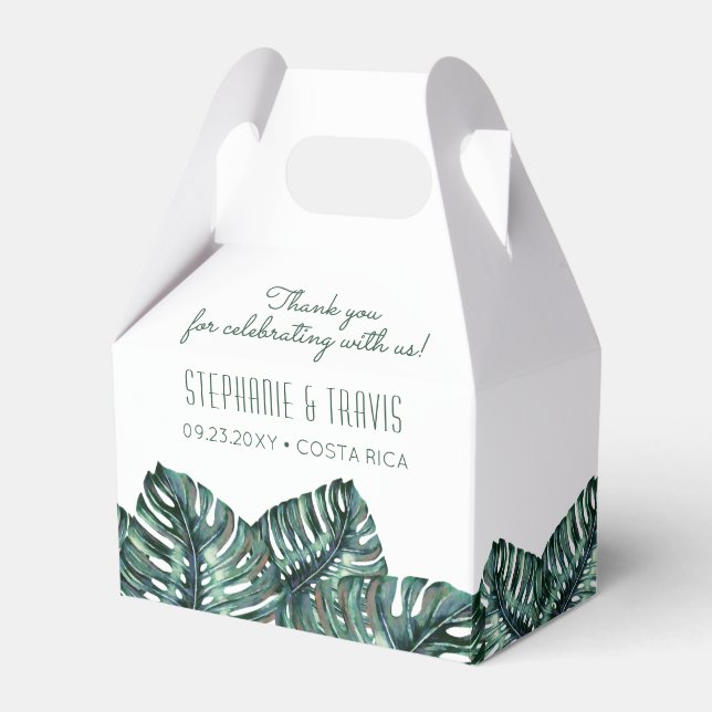 Tropical Monstera Palm Retro Mod Beach Wedding Fav Favour Box (Front Side)