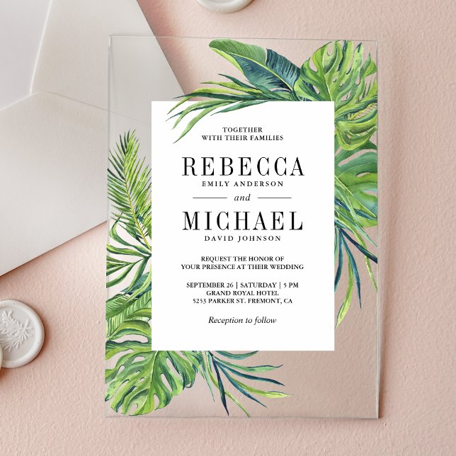Tropical Monstera Palm Wedding Acrylic Invitations (Creator Uploaded)
