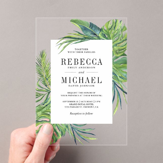 Tropical Monstera Palm Wedding Acrylic Invitations (Insitu (Handheld))