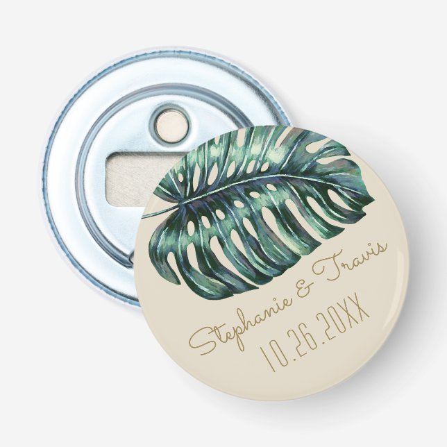 Tropical Monstera Palm Wedding Date Favour Magnet Bottle Opener (Front)