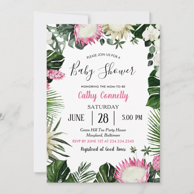 Tropical Monstera Protea Flower Pink Baby Shower Invitation (Front)