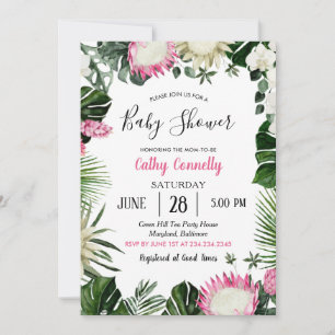 Tropical Monstera Protea Flower Pink Baby Shower Invitation