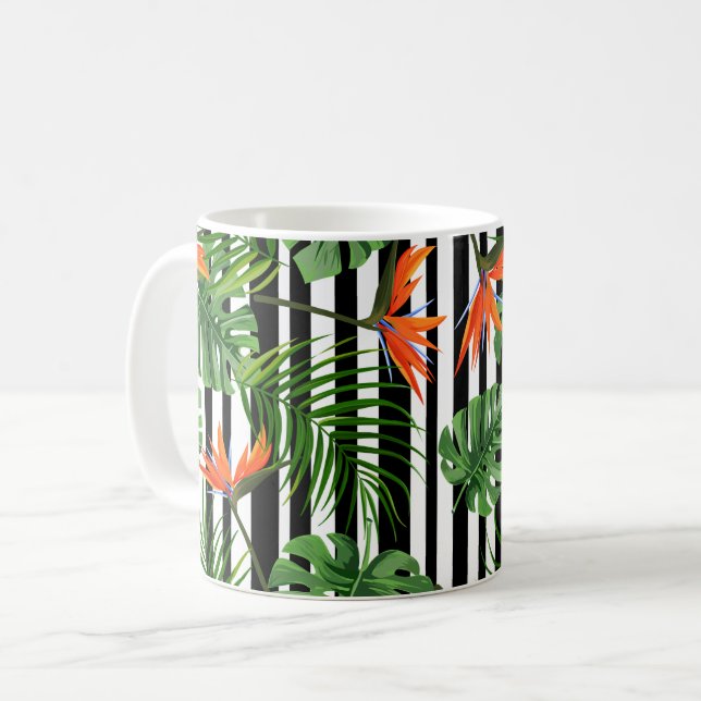 Tropical Monstera Striped Botanical Pattern Coffee Mug (Front Left)