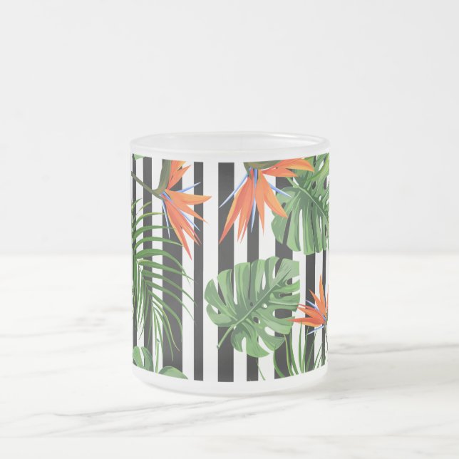 Tropical Monstera Striped Botanical Pattern Frosted Glass Coffee Mug (Center)