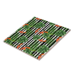 Tropical Monstera Striped Botanical Pattern Tile