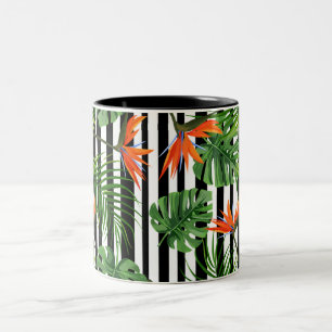 Tropical Monstera Striped Botanical Pattern Two-Tone Coffee Mug