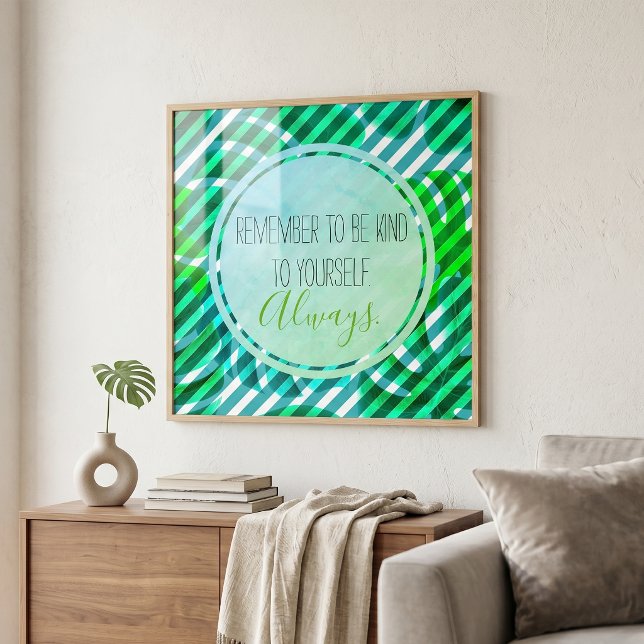Tropical Monstera Teal Stripes Self Care Quote Poster (Creator Uploaded)