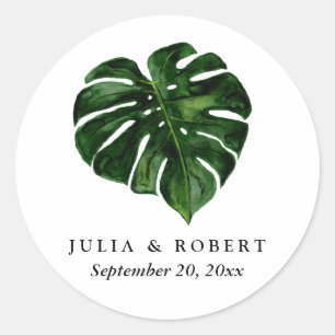 Tropical Monstera Watercolor Botanical Wedding  Classic Round Sticker