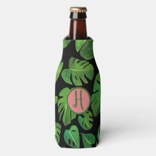 Tropical Monstera Watercolor Green CUSTOM Initials Bottle Cooler