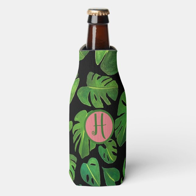 Tropical Monstera Watercolor Green CUSTOM Initials Bottle Cooler (Bottle Front)