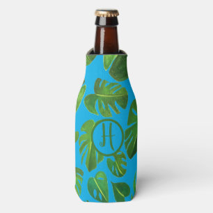 Tropical Monstera Watercolor Green CUSTOM Initials Bottle Cooler