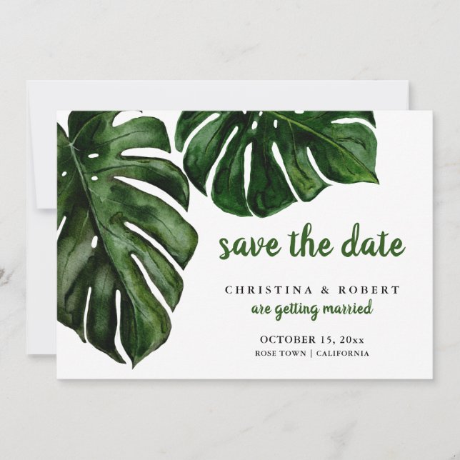 Tropical Monstera Watercolor Green Save The Date Invitation (Front)