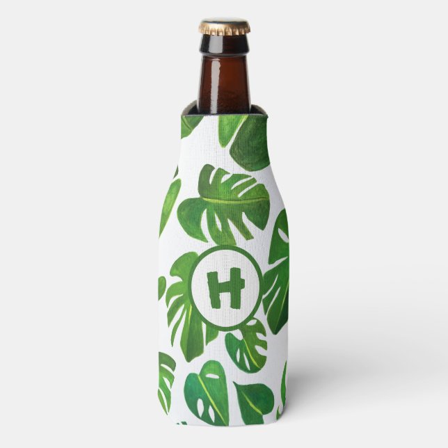 Tropical Monstera Watercolor Painting Green CUSTOM Bottle Cooler (Bottle Front)