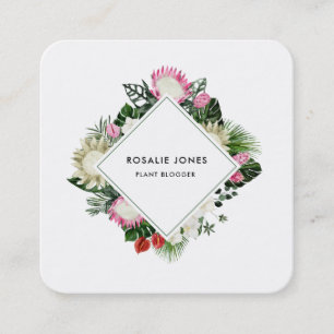 Tropical Monstera Watercolor Protea Flower Minimal Square Business Card