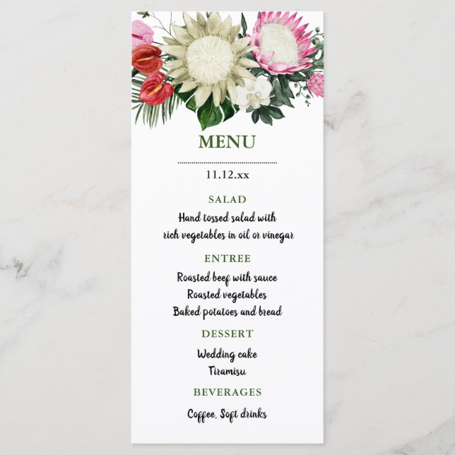 Tropical Monstera Watercolor Protea | Wedding Menu (Front)