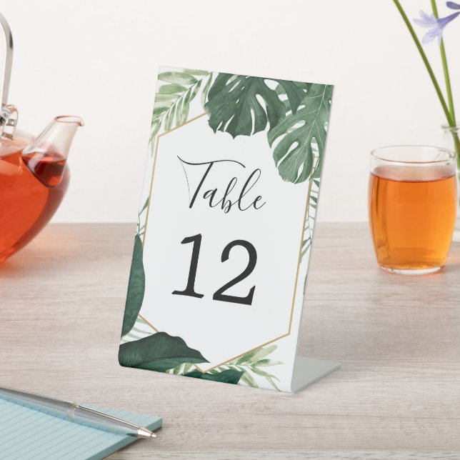 Tropical Monstera Wedding Table Numbers Pedestal Sign (In SItu)