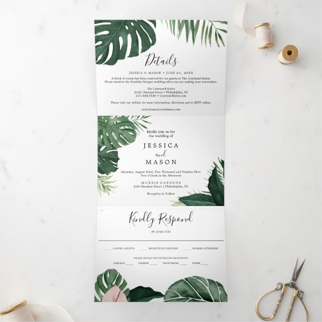 Tropical Monstera Wedding Tri-Fold Invitations (Inside)