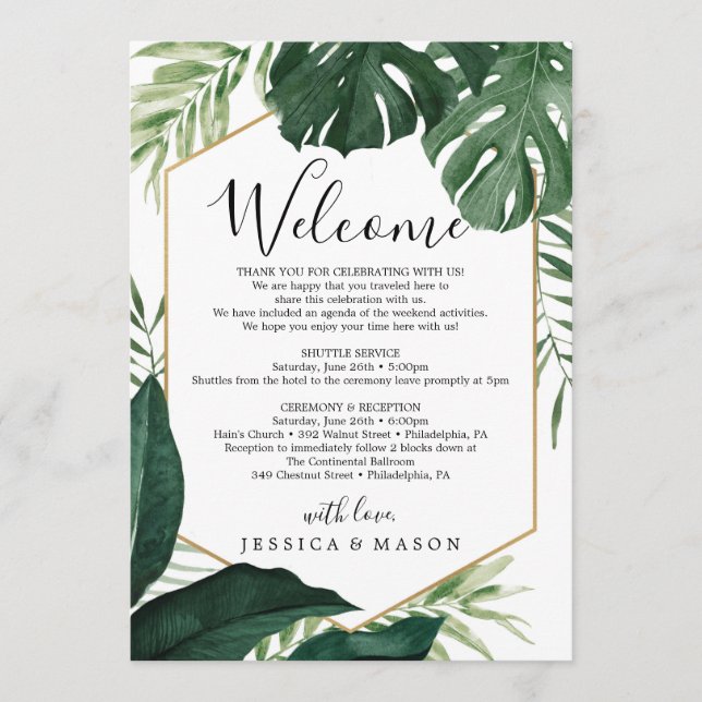 Tropical Monstera Wedding Welcome Itinerary Letter Programme (Front)