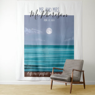 Tropical moonlit beach photo booth backdrop tapestry