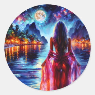 Tropical moonlit fantasy woman in paradise classic round sticker