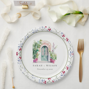 Tropical Moroccan Doorway Watercolor Wedding Paper Plate