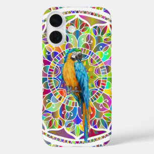 Tropical Mosaic – Blue & Gold Macaw Mandala iPhone 16 Case