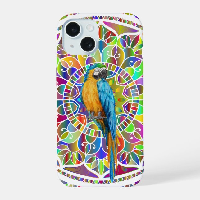 Tropical Mosaic – Blue & Gold Macaw Mandala iPhone 15 Case (Back)