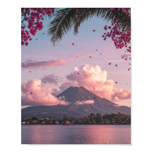 Tropical Mountain Sunset Floral Landscape Poster