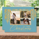 Tropical Multi Photo Collage Christmas Holiday Card<br><div class="desc">Three photos accented with faux glitter palm fronds on an aqua background (see more colors in our store), these holiday Christmas photo cards have your names on the bottom in chic lettering. Select Matte for heaviest paper and High Definition for best photo resolution. ***ONE PHOTO design is done for you...</div>
