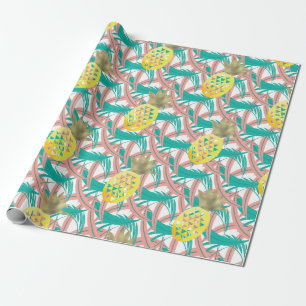 Tropical Multicolor Palm Leaves Gold Pineapples Wrapping Paper