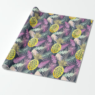 Tropical Multicolor Palm Leaves Gold  Pineapples Wrapping Paper