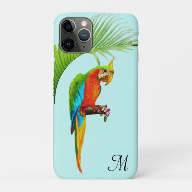 Tropical Multicolored Macaw Bird & Monogram Case-Mate iPhone Case (Back)