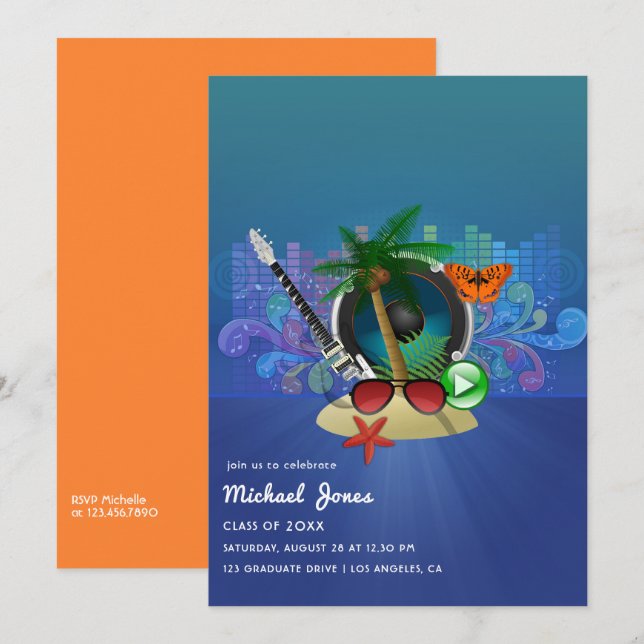 Tropical Music Fest Island Graduation Party Invita Invitation (Front/Back)