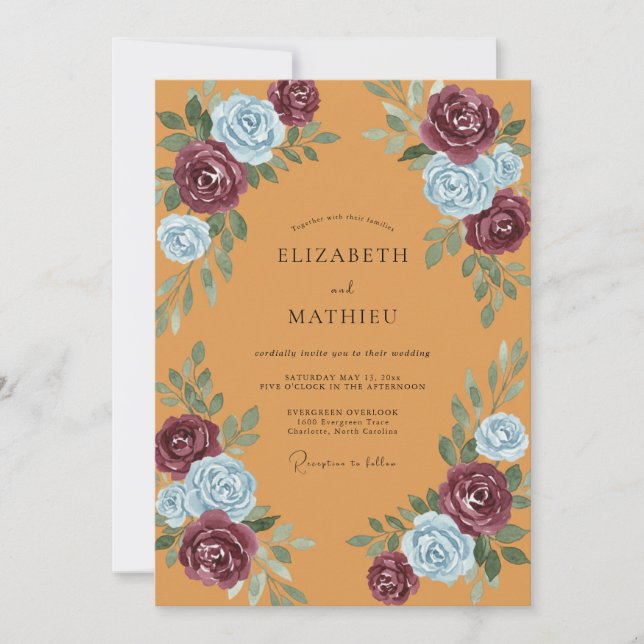 Tropical Mustard Plum Painted Wedding Invitation (Front)