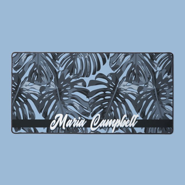Tropical Name Blue Grey Monstera Leaves  Desk Mat (Creator Uploaded)