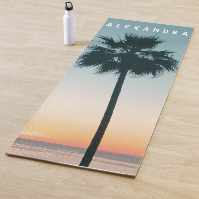 Tropical Name Teal & Orange Sunset Palm Tree Name Yoga Mat (In Situ)