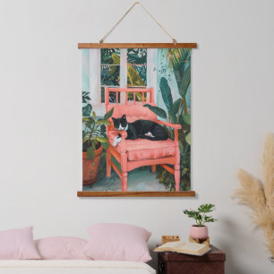 Tropical Nap: Cat Dreaming in Pink Paradise Hanging Tapestry