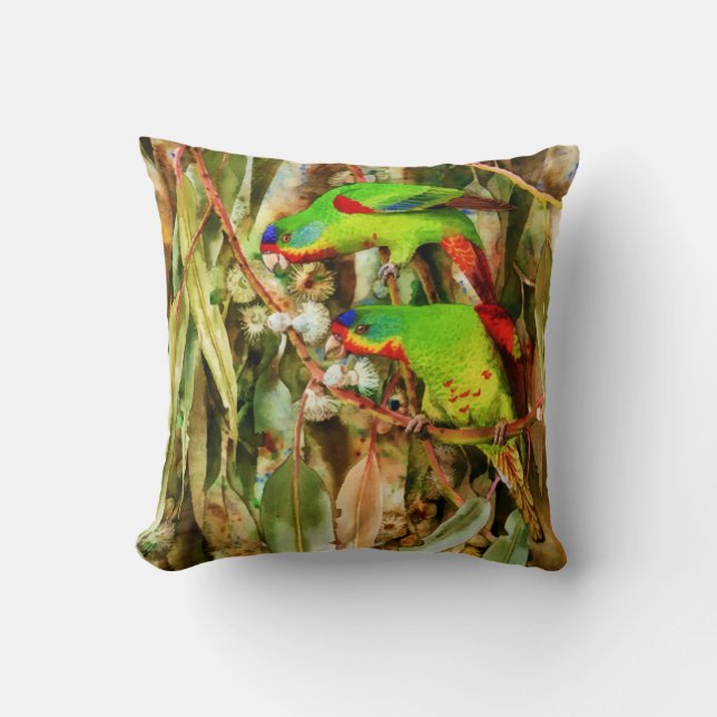 Tropical Nature Parrots Green Birds Cushion (Front)