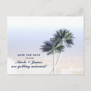 Tropical Nautical Beach & Palm Trees Save The Date Announcement Postcard