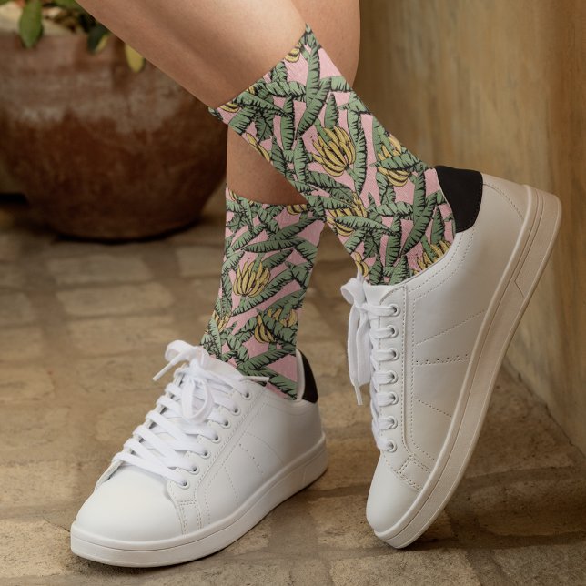 Tropical Navy Banana Leaves and Yellow Bananas Socks (Pink Hawaiian Style Tropical Navy Banana Leaves and Yellow Bananas, Hand-Drawn in Ink. For Summer.)
