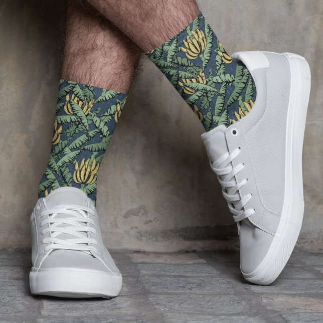 Tropical Navy Banana Leaves and Yellow Bananas Socks (Hawaiian Style Tropical Navy Banana Leaves and Yellow Bananas, Hand-Drawn in Black Ink For Summer.)