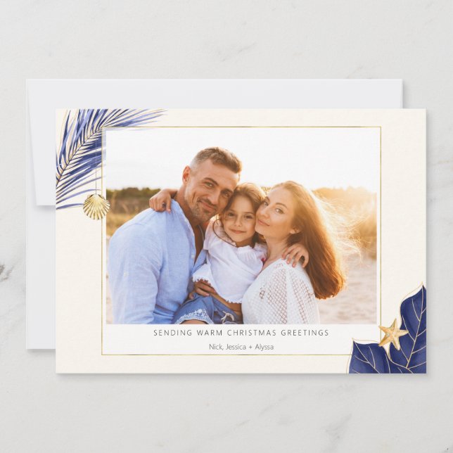 Tropical Navy Blue and Gold Greenery Photo Holiday Card (Front)