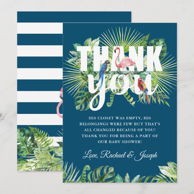 Tropical Navy Blue Flamingo Baby Shower Thank You Card (Front/Back)
