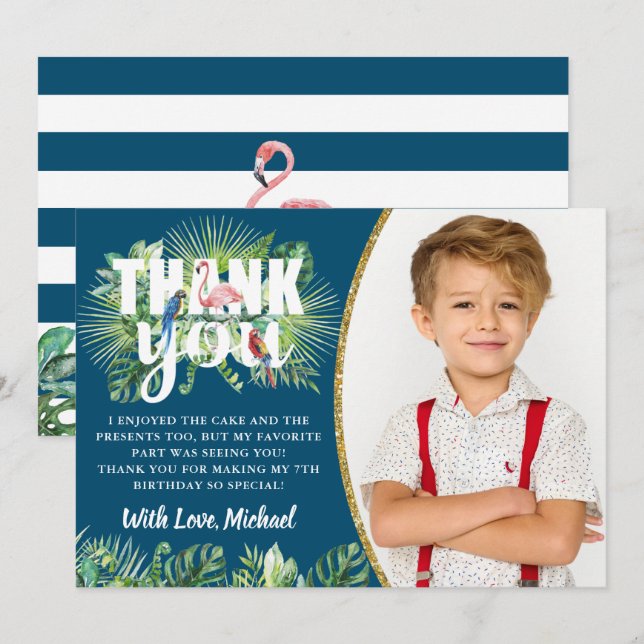 Tropical Navy Blue Flamingo Birthday Photo  Thank You Card (Front/Back)