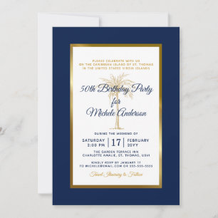 Tropical Navy Blue Gold Palm Tree Birthday Party Invitation