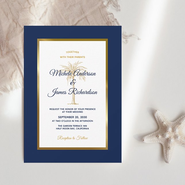 Tropical Navy Blue Gold Palm Tree Modern Wedding Invitation (Creator Uploaded)