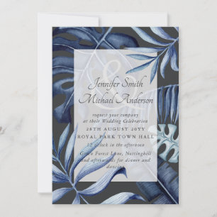 Tropical Navy Blue Leaves Wedding Couples Invites