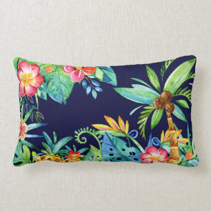 Tropical Navy Blue Palm Trees & Floral Watercolor Lumbar Cushion