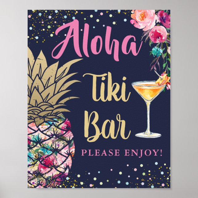 Tropical Navy Blue Pineapple Pink Floral Tiki Bar Poster (Front)